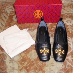 Tory Burch Eleanor Ballet Leather Flat Black with Gold Tone Double T logo Size 7